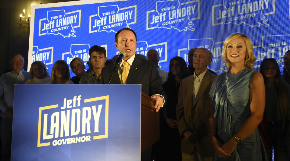 Louisiana gubernatorial candidate Jeff Landry speaks to supporters during a watch party at Broussard Ballroom, Saturday, Oct. 14, 2023, in Broussard, La. (Brad Kemp/The Advocate via AP)