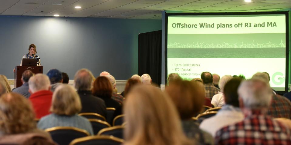 Lisa Quattrocki Knight, president and co-founder of Green Oceans, speaks to a full conference room at the "Close to the Wind" summit in Hyannis on Saturday afternoon.