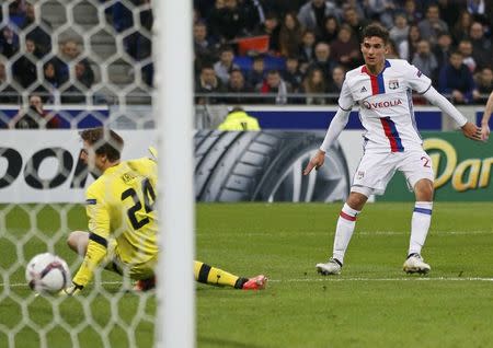 Football Soccer - Olympique Lyonnais - AZ Alkmaar - UEFA Europa League Round of 32 Second Leg - Lyon, France - 23/02/17 - Olympique Lyonnais' Houssem Aouar scores against AZ Alkmaar's Goalkeeper Tim Krul. REUTERS/Robert Pratta