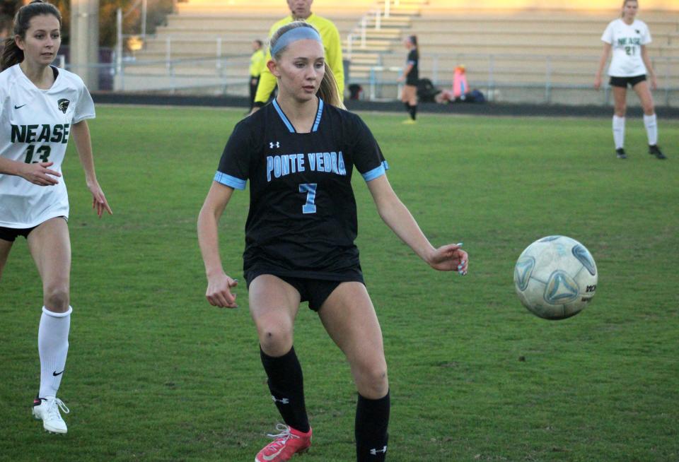 Ponte Vedra midfielder Abby Wooten (7) controls the ball off a throw-in against Nease during a January girls soccer game.