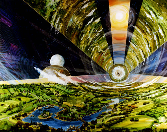 An artist's depiction of a vast cylindrical space colony ship containing more than a million people on a voyage to the stars. Artist Rick Guidice created this vision for NASA in the 1970s.