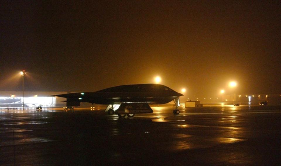 A B-2 bomber taxies to the runway at Whiteman Air Force Base, Missouri.<em> Photo by Michael Gaddis/USAF/Getty Images</em> A B-2 taxies to the runway at Whiteman Air Force Base on March 13, 2003, as it deploys to Diego Garcia to support the upcoming campaign against Iraq. <em>Photo by Michael Gaddis/USAF/Getty Images</em>