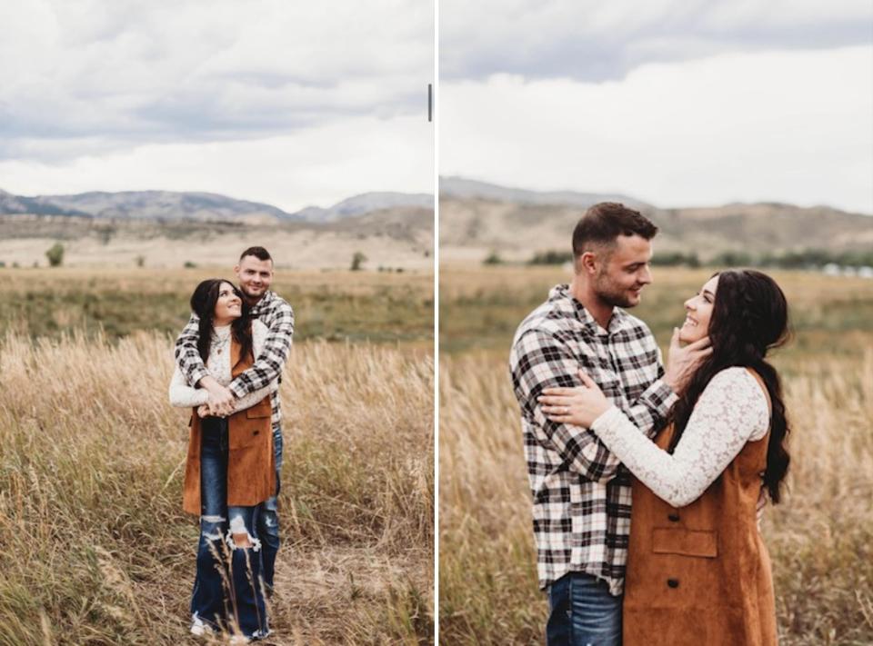 Madison and Zach Stroup posing during an engagement photoshoot.