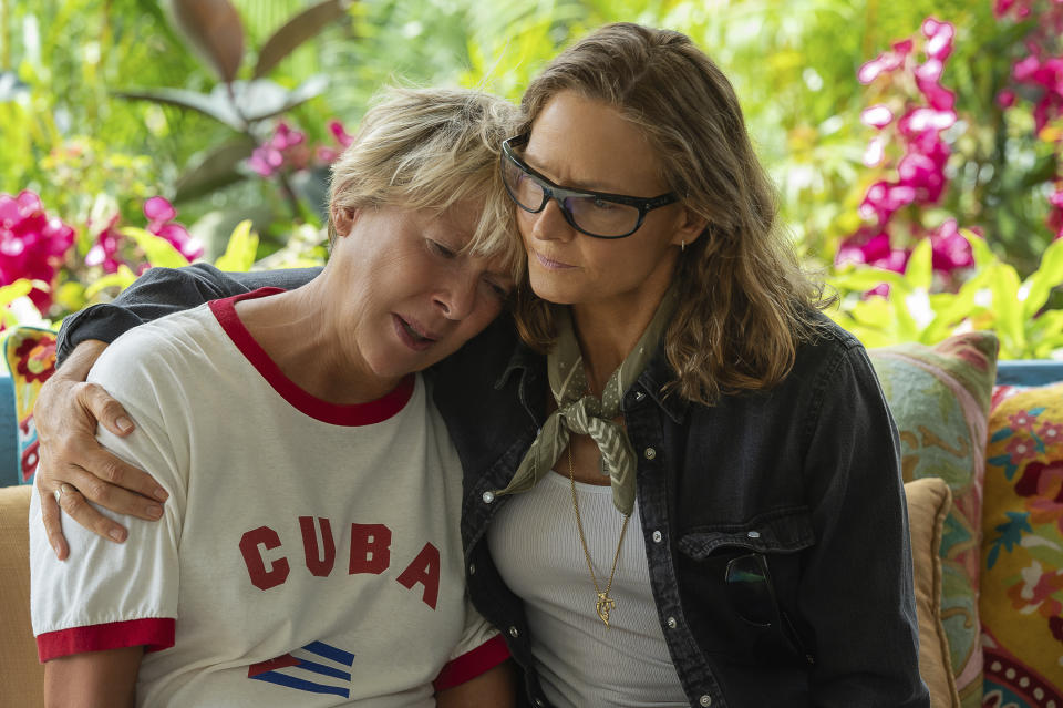 This image released by Netflix shows Annette Bening as Diana Nyad, left, and Jodie Foster as Bonnie Stoll, in a scene from the film "Nyad." (Kimberley French/Netflix via AP)