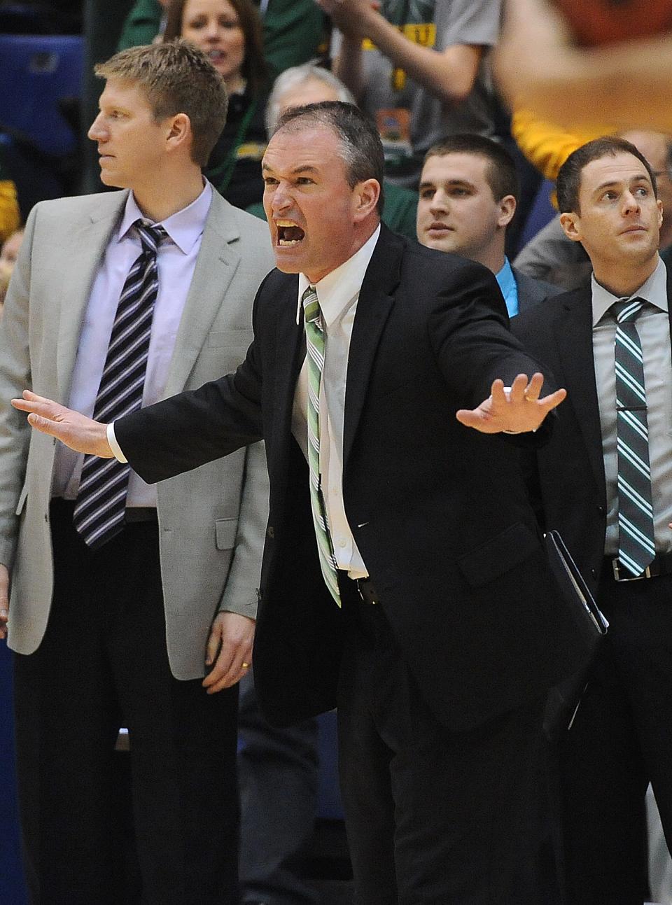 NDSU head men's coach Saul Phillips instructs his players against Fort Wayne during the Summit League Championship game at the Sioux Falls Arena on Tuesday, March 11, 2014.
(Jay Pickthorn/Argus Leader)