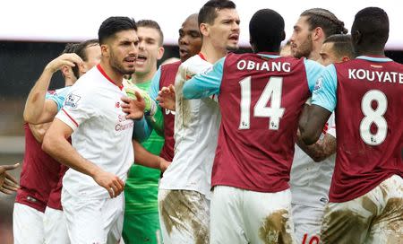 Football Soccer - West Ham United v Liverpool - Barclays Premier League - Upton Park - 2/1/16 Liverpool and West Ham players clash Action Images via Reuters / John Sibley Livepic