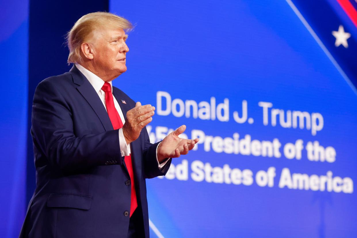 Former President Donald Trump arrives to deliver the final remarks during Conservative Political Action Conference (CPAC) in Dallas, on Saturday, Aug. 6, 2022. 