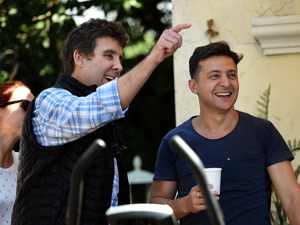 David Dodson, left, and Volodymyr Zelensky, right, filing a Ukrainian feature film