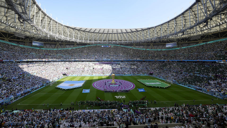 FILE - A general view of the stadium prior to the start of the World Cup group C soccer match between Argentina and Saudi Arabia at the Lusail Stadium in Lusail, Qatar, Tuesday, Nov. 22, 2022. An advertising regulator says FIFA made false claims about last year's World Cup in Qatar being carbon neutral. The Swiss Commission for Fairness says FIFA was “not able to provide proof that the claims were accurate.” (AP Photo/Luca Bruno, File)