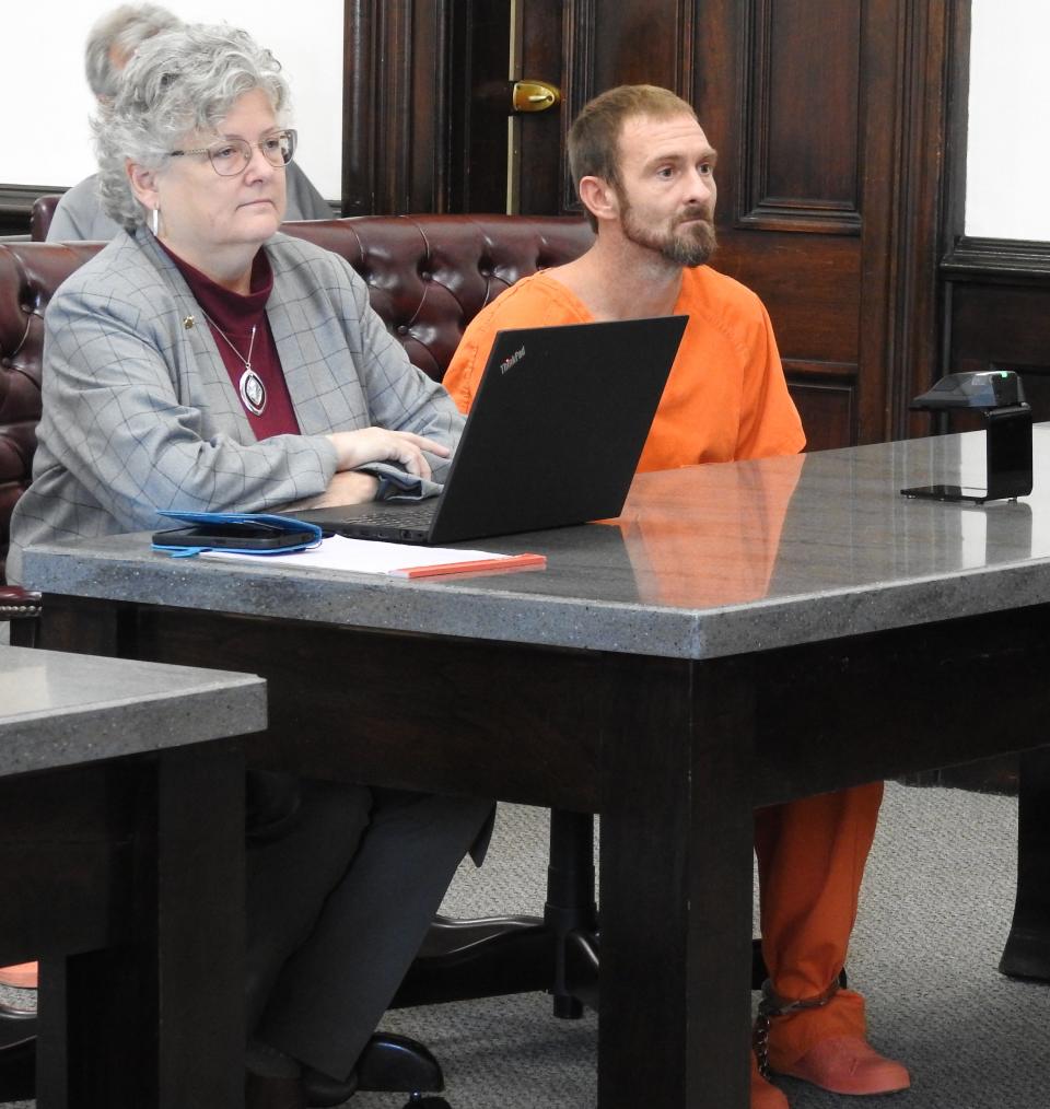 Attorney Marie Seiber Wednesday in Coshocton County County Common Pleas Court with client Shane Phillips. He received three years of probation for charges of breaking and entering and tampering with evidence.