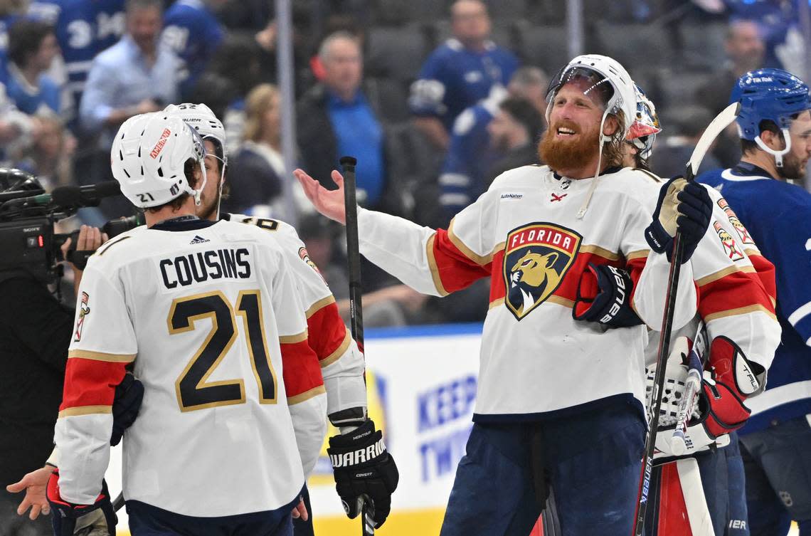 Florida Panthers defenseman Marc Staal (18) celebrates with forward Nick Cousins after an overtime wind in game five of the second round of the 2023 Stanley Cup Playoffs at Scotiabank Arena.