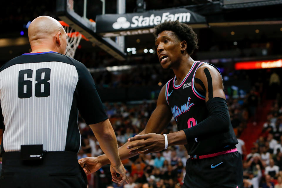 Miami Heat guard Josh Richardson was ejected on Sunday night after throwing his shoe into the stands. (Michael Reaves/Getty Images)