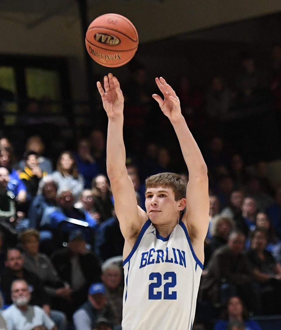 Berlin Brothersvalley's Pace Prosser sinks one of his seven first-half 3-pointers against Turkeyfoot Valley in the District 5 Class 1A boys basketball championship, March 1, at Pitt-Johnstown.