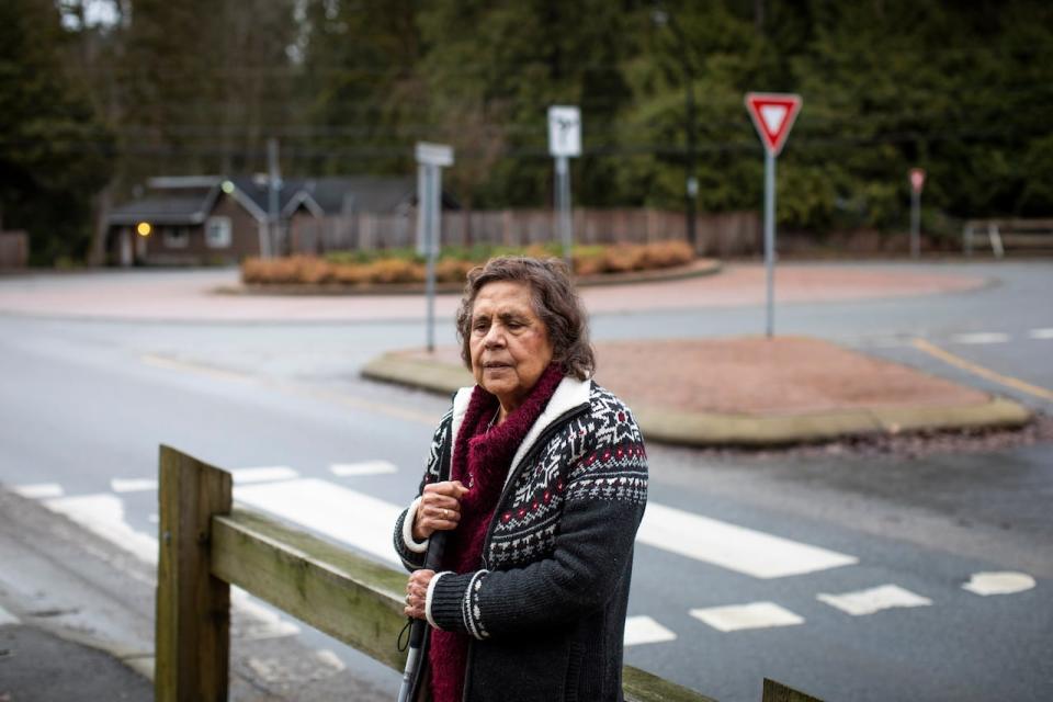 Maria Kovacs who is blind is pictured at a roundabout intersection in Maple Ridge, British Columbia on Thursday January 5, 2023. 