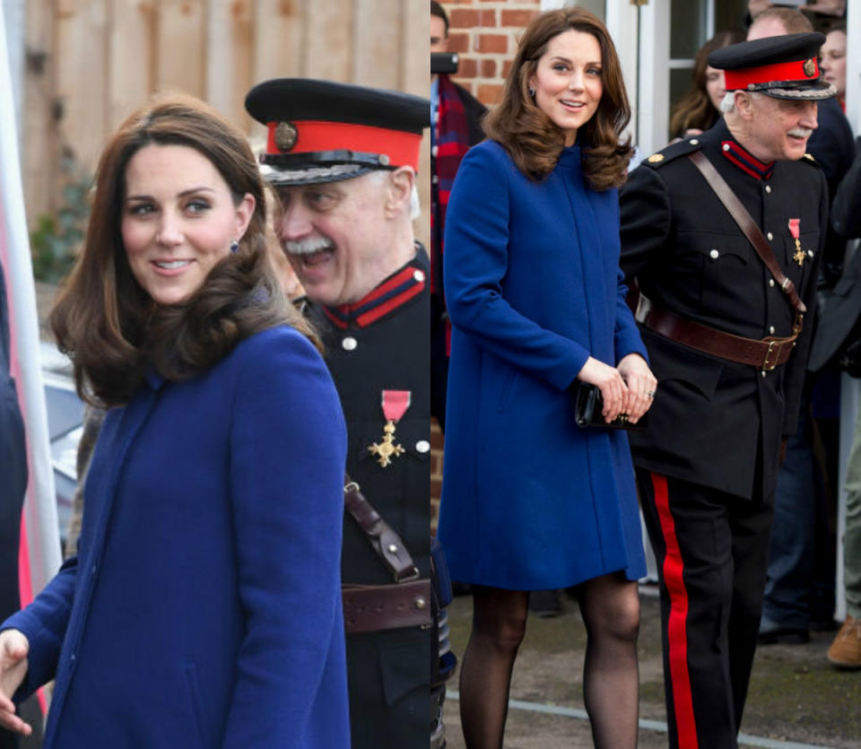 <p><strong>When: Feb. 7, 2018</strong><br>Kate Middleton stepped out to an event in Essex on Wednesday — and she did it in style. The pregnant Duchess, who is expecting her third baby (<a rel="nofollow" href="https://ca.style.yahoo.com/things-know-next-royal-baby-211505875.html" data-ylk="slk:or perhaps even twins as rumour has it;elm:context_link;itc:0;sec:content-canvas;outcm:mb_qualified_link;_E:mb_qualified_link;ct:story;" class="link  yahoo-link">or perhaps even twins as rumour has it</a>) in April, rocked a above-the-knee blue coat paired with a black dress and matching black pumps. </p>