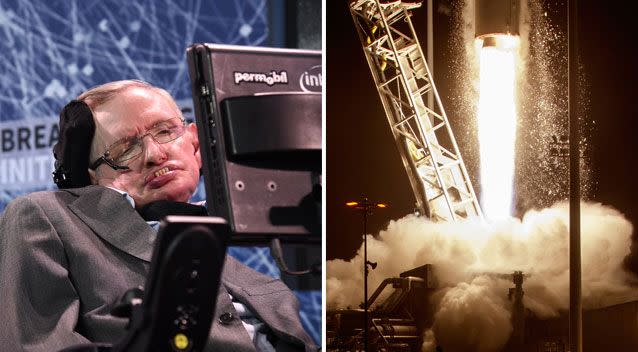 Stephen Hawking believes aliens could be hostile. (Right) NASA launches a rocket from its Wallops Island facility in the US. Source: AAP/ AP Images