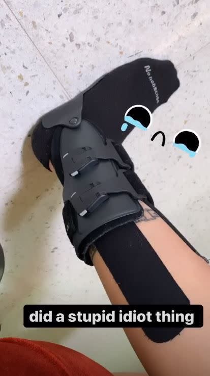 Halsey is officially spending her quarantine in a boot. The “You Should Be Sad” singer posted a photo of her seemingly broken foot on Instagram on May 19, 2020 with the caption “did a stupid idiot thing”.