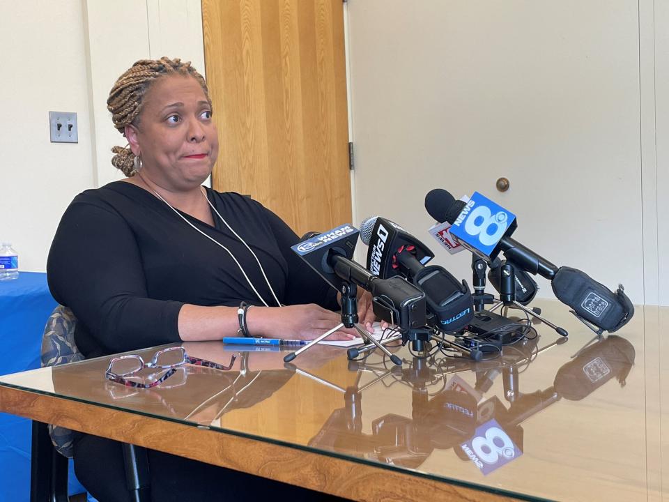 Rochester City School District Superintendent Lesli Myers-Small answers questions about an incident at Enrico Fermi School 17 on May 27, 2022.