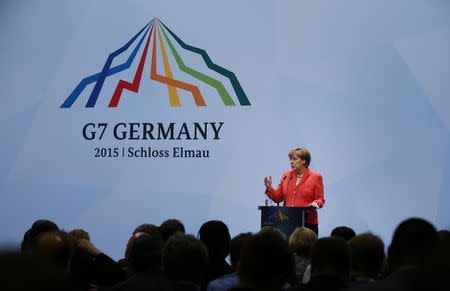 German Chancellor Angela Merkel holds a news conference during the G7 summit at Elmau Castle hotel in Kruen near Garmisch-Partenkirchen, southern Germany, June 8, 2015. REUTERS/Michaela Rehle