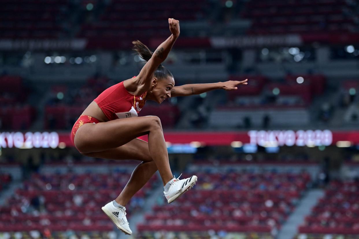 Spain's Ana Peleteiro competes in the women's triple jump qualification during the Tokyo 2020 Olympic Games at the Olympic Stadium in Tokyo on July 30, 2021. (Photo by Javier SORIANO / AFP) (Photo by JAVIER SORIANO/AFP via Getty Images)