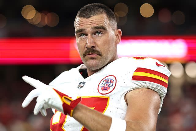 <p>Michael Owens/Getty</p> Travis Kelce at a Kansas City Chiefs football game in August 2023