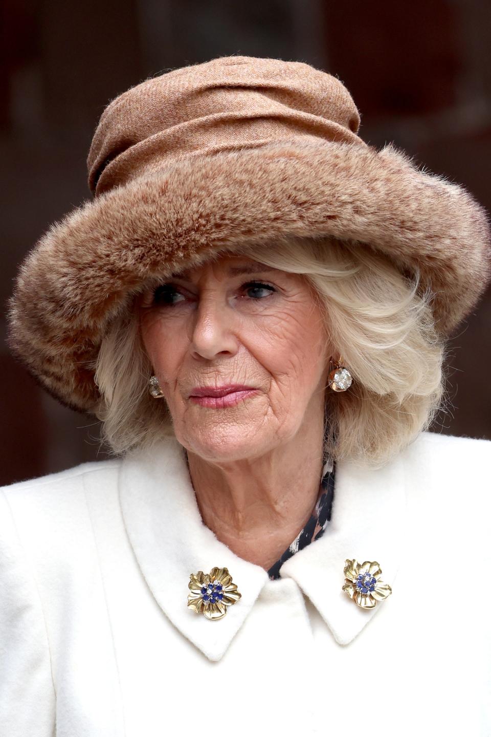 WORCESTER, ENGLAND - MARCH 28: Queen Camilla attends The Royal Maundy Service at Worcester Cathedral On March 28, 2024 in Worcester, England. The Royal Maundy is an ancient ceremony, inspired by The Bible On the day before Good Friday, Jesus washed the feet of his disciples and commanded them to 'Love one another'. By the thirteenth century the Royal Family was taking part in similar ceremonies. Queen Camilla distributes Maundy Money to a selected group of Christians to thank them for their work within the Church. King Charles is Unable to attend due to him fighting an illness. On March 28, 2024 in Worcester, England. (Photo by Chris Jackson/Getty Images)