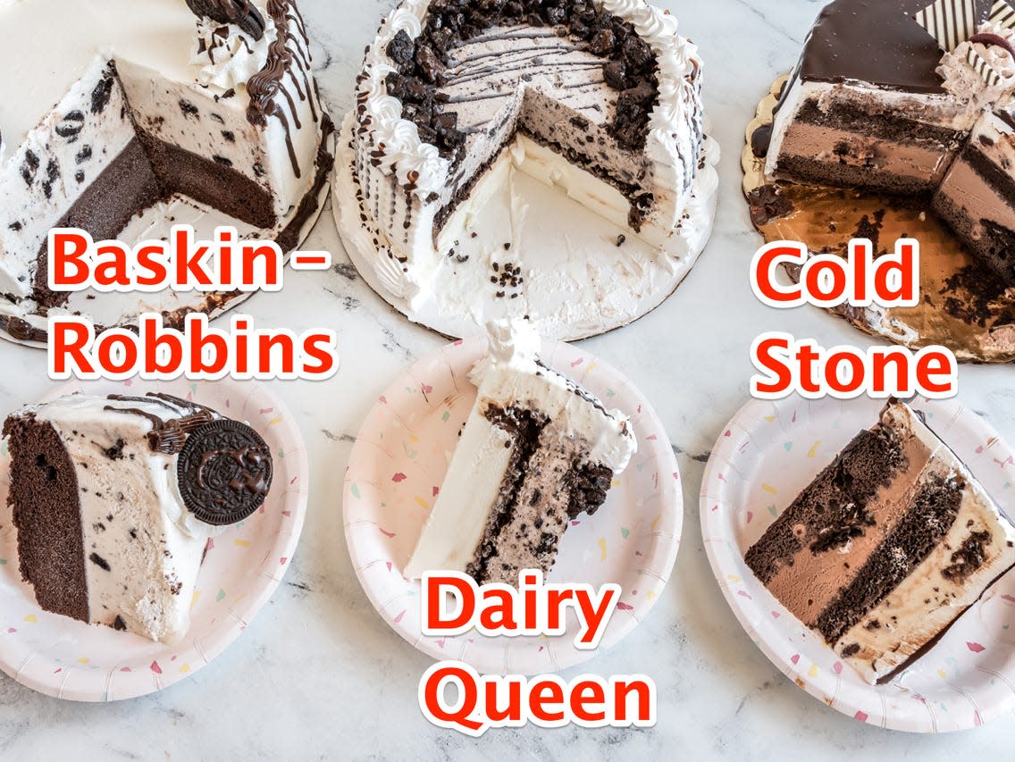 baskin robbins, dairy queen, and cold stone ice cream cakes on a white table with slices of each in front of them