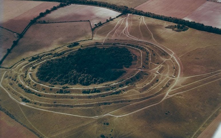 An aerial image of the Iron Age hill fort, Badbury Rings, Dorset, taken in 1947