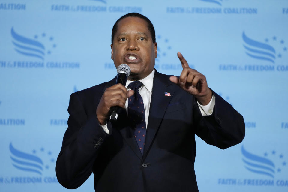 Republican presidential candidate radio show host Larry Elder speaks during the Iowa Faith and Freedom Coalition Spring Kick-Off Saturday, April 22, 2023, in Clive, Iowa. (AP Photo/Charlie Neibergall)