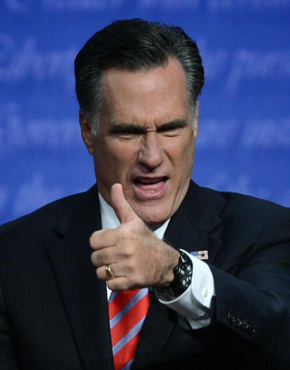 Republican presidential candidate Mitt Romney gestures following  the third and final presidential debate with US President Barack Obama at Lynn University in Boca Raton, Florida, October 22, 2012. The showdown focusing on foreign policy is being held in the crucial toss-up state of Florida just 15 days before the election and promises to be among the most watched 90 minutes of the entire 2012 campaign. AFP PHOTO / Saul LOEB        (Photo credit should read SAUL LOEB/AFP/Getty Images)