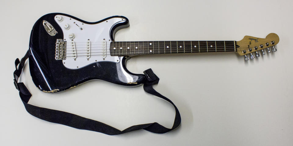 Kurt Cobain played this Fender Stratocaster during Nirvana’s <em>In Utero</em> tour. The 2014 Rock and Roll Hall of Fame Inductee exhibit opens May 31, 2014 in Cleveland, Ohio.