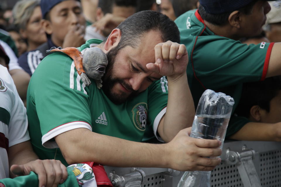 <p>A Mexico soccer fans reacts to Brazil’s goal during a live broadcast of the Russia World Cup game in Mexico City’s Zocalo plaza, Monday, July 2, 2018. (AP Photo/Anthony Vazquez) </p>