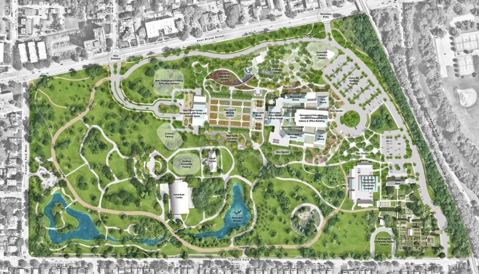 The Franklin Park Conservatory is embarking on 15 changes, including a new entrance off East Broad Street and a new visitors center, as seen in this layout of master plan changes.