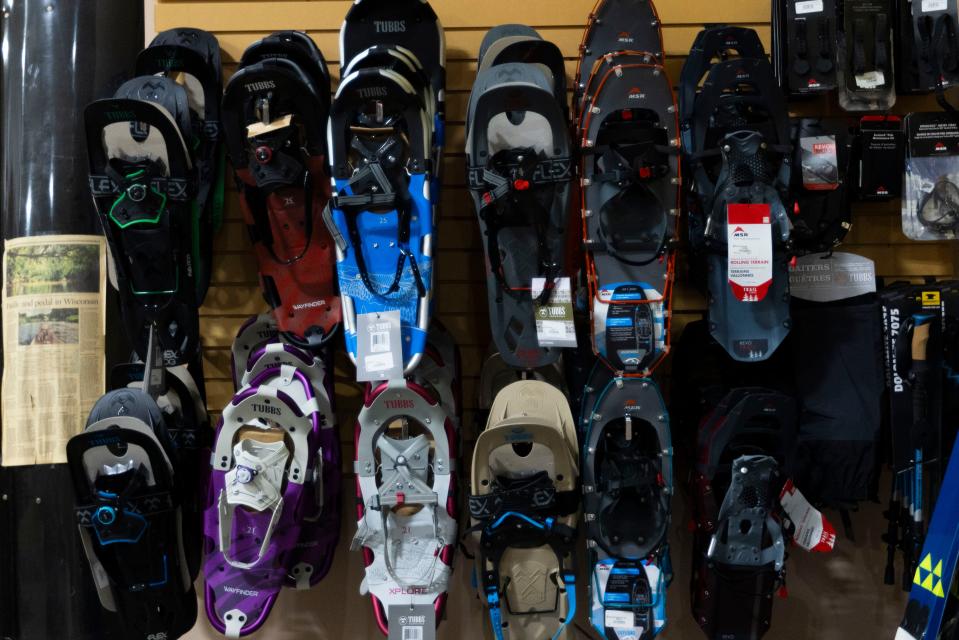 Snowshoes hang on the wall on Jan. 18, 2024, at Rocktown Adventures in Rockford.