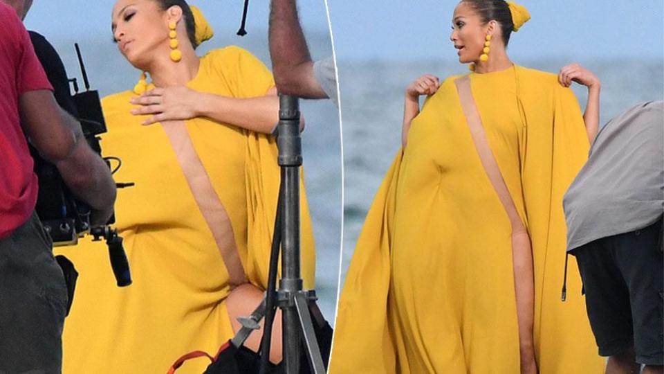 Jennifer Lopez in semi-sheer yellow dress