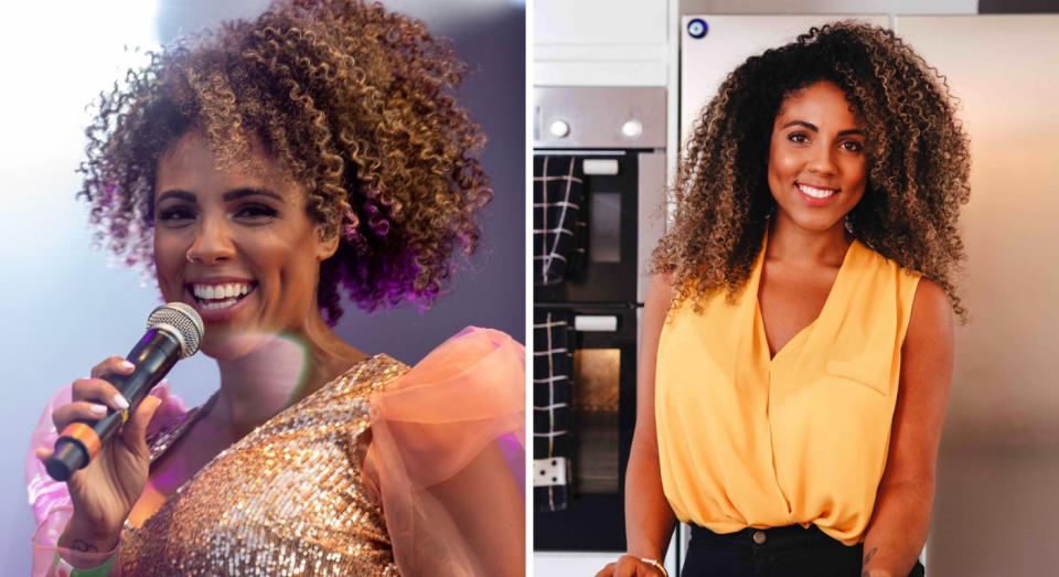 Lauren Johnson Reynolds in her time travelling the world as a singer (left) and (right) more recently as a wellness coach. (Supplied)