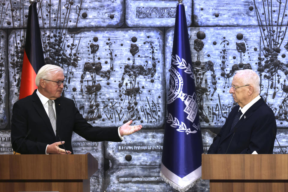 Israeli President Reuven Rivlin, right, listens as German President Frank-Walter Steinmeier speaks, at the President's residence in Jerusalem, Thursday, July 1, 2021. (AP Photo/Tsafrir Avayov)