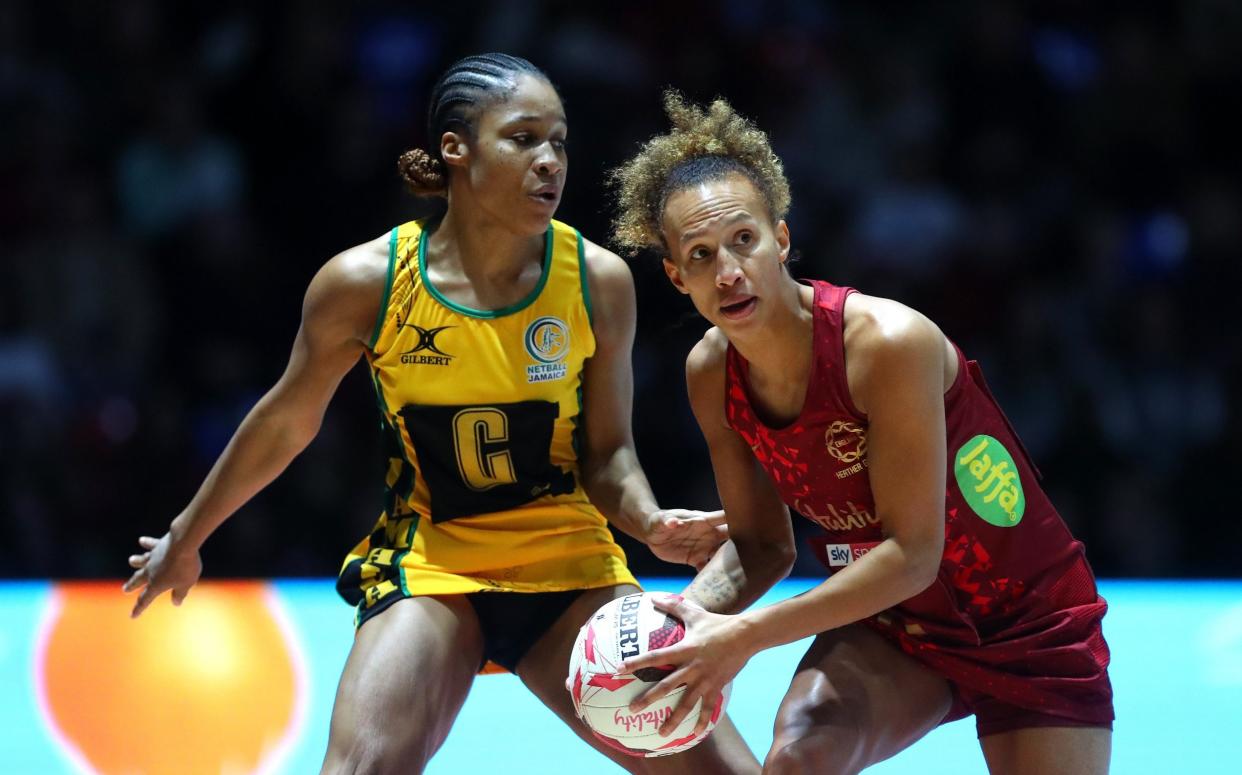 Serena Guthrie of Vitality Roses catches the ball during the Vitality Roses Reunited Series match between England and Jamaica at Copper Box Arena on November 28, 2021 in London, England. - England overcome early hiccups to defeat Jamaican mavericks in first of three-Test series - GETTY IMAGES