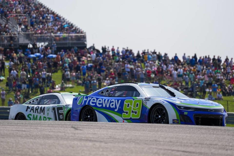 NASCAR Cup Series driver Daniel Suarez (99) in front of driver AJ Allmendinger (16) at Circuit of the Americas.