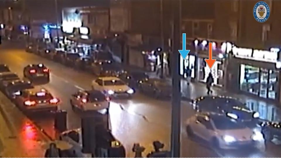 CCTV of Mohammed Abbkr (red arrow) following Mohammed Rayaz (blue arrow), 70 after leaving a prayer service at the Dudley Road Mosque (PA)
