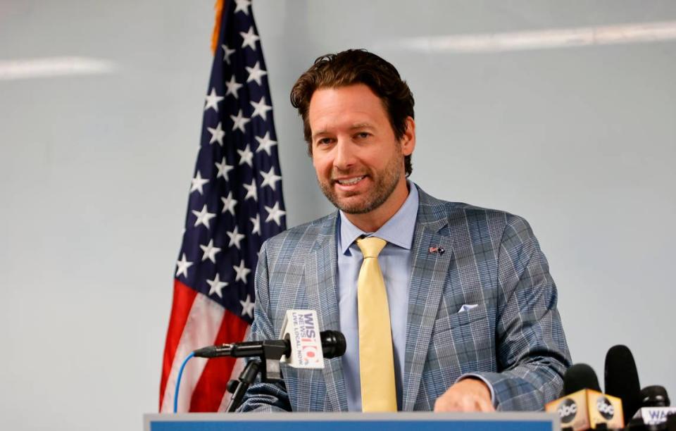 Democratic candidate for South Carolina Governor, Joe Cunningham, speaks during a press conference on Monday, June 27, 2022, at the South Carolina Democratic Party headquarters in Columbia.