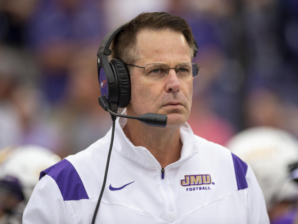 FILE - James Madison head coach Curt Cignetti watches from the sidelines during the first half of an NCAA college football game against Norfolk State in Harrisonburg, Va., Saturday, Sep. 10, 2022. The Indiana Hoosiers are finalizing a deal to hire Curt Cignetti as their new football coach, two people with direct knowledge of the decision have told The Associated Press. (Daniel Lin/Daily News-Record via AP, File)