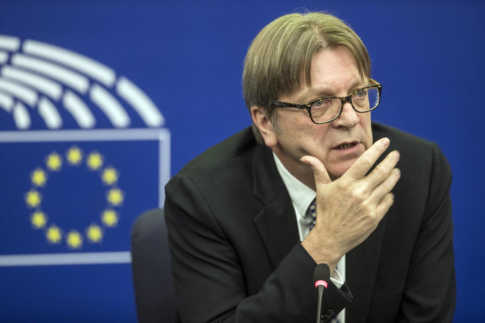 European Parliament Brexit chief Guy Verhofstadt speaks during a press conference at the European Parliament in Strasbourg, France, Tuesday March 26, 2019. (AP Photo/Jean-Francois Badias)