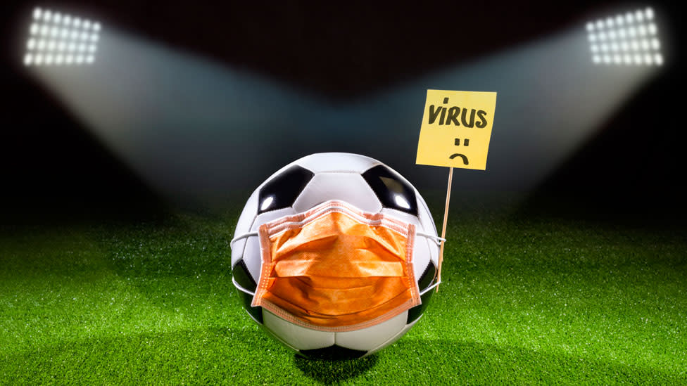 Ilustración de una pelota de fútbol con un barbijo y un cartel que dice "virus"