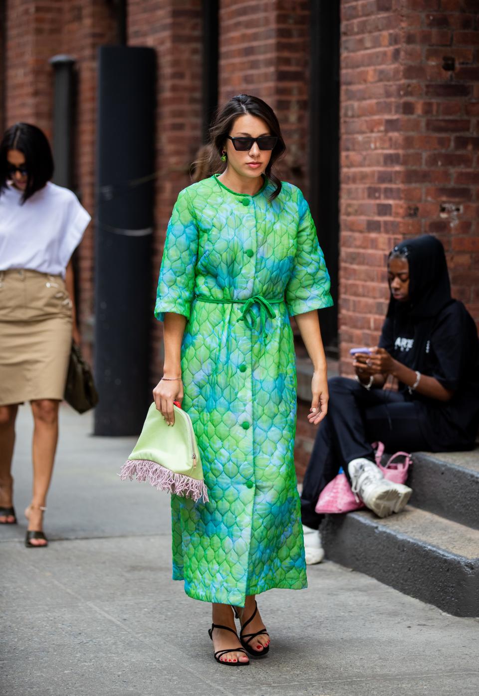 The pattern, color, and texture of this dress make it such a standout piece, not much else is needed. (Although that fringed bag is a great touch.)