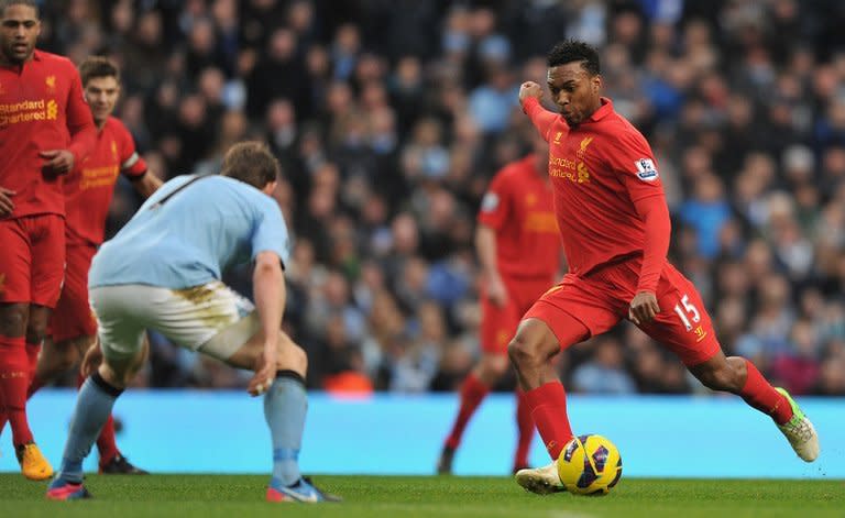 Daniel Sturridge about to score for Liverpool against Manchester City at The Etihad stadium. This Live Report is wrapping up after Liverpool won a well-deserved point at the Etihad with a 2-2 draw against Manchester City, whose hopes of retaining their title are fading fast
