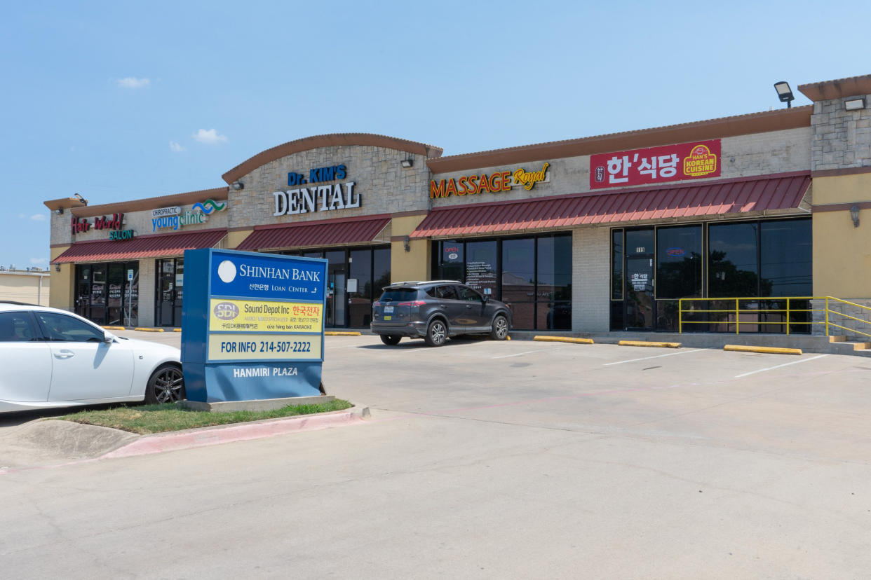 The Hair World Salon, left, in Hanmiri Plaza in Dallas. (Raul Rodriguez for NBC News)