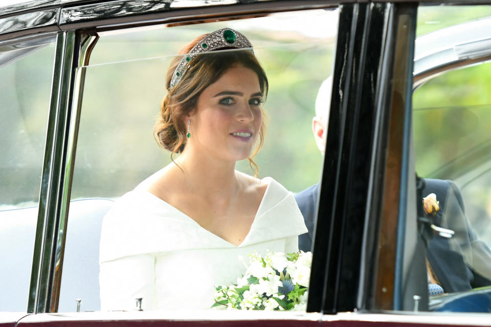 Princess Eugenie chose a traditional wedding gown by British designer Peter Pilotto to marry Jack Brooksbank [Photo: Getty]