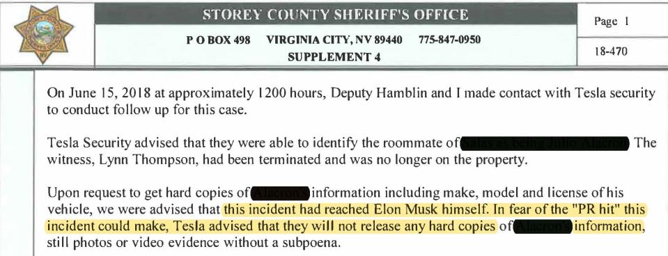 Storey County Sheriff's Department report shows Gigafactory workers refused to share information about an investigation over fears CEO Elon Musk would disapprove.