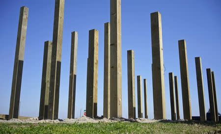 Pilings for a new house rise many feet in the air at a construction site on west Galveston Island, Texas March 6, 2014. REUTERS/Rick Wilking